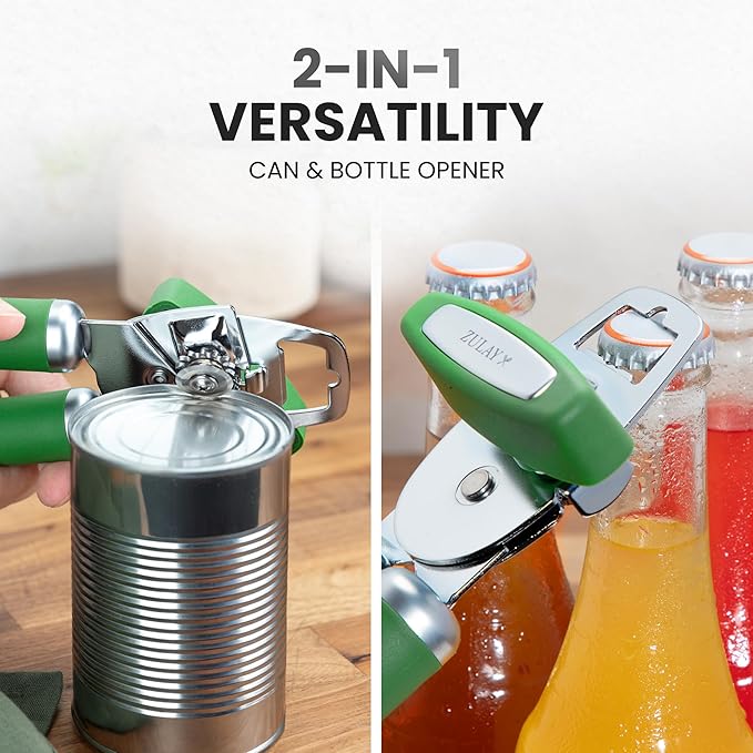Zulay Kitchen Heavy Duty Stainless Steel Can Opener Manual with Bottle Opener - Rust Proof Manual Can Opener With Turn Knob & Comfy Soft Grip Handles - Artichoke Green - Image 7