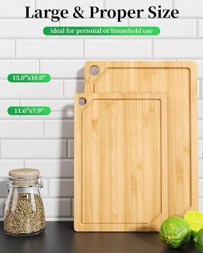 Kitsure Bamboo Cutting Board Set - Multi-Sizes Wooden Cutting Boards for Kitchen, Convenient Kitchen Essentials with Deep Juice Grooves, Cutting Board for Chopping & Serving, 2 Pack, Natural - Image 2
