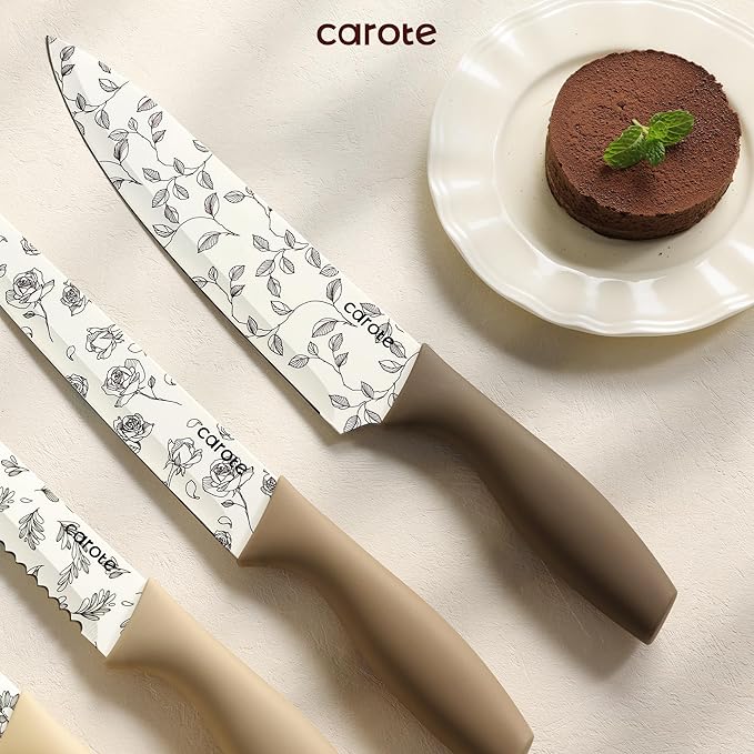 CAROTE 12PCS Knife Set, Kitchen Knife Set with 6 Blade Guards, Stainless Steel Knives Set With Nonstick Ceramic Coating, Rustproof, Delicate Floral Designs, White (Pack of 2) - Image 6
