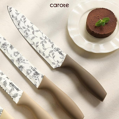 CAROTE 12PCS Knife Set, Kitchen Knife Set with 6 Blade Guards, Stainless Steel Knives Set With Nonstick Ceramic Coating, Rustproof, Delicate Floral Designs, White (Pack of 2) - Image 6