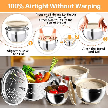 Nicdiet Mixing Bowls with Airtight Lids, Stainless Steel Mixing Bowl Set with 3 Metal Nesting Bowls, Colander & Grater, Non-Slip Bottoms, Size 1.5, 2.5, 5 QT, Great for Mixing & Serving, Khaki - Image 2