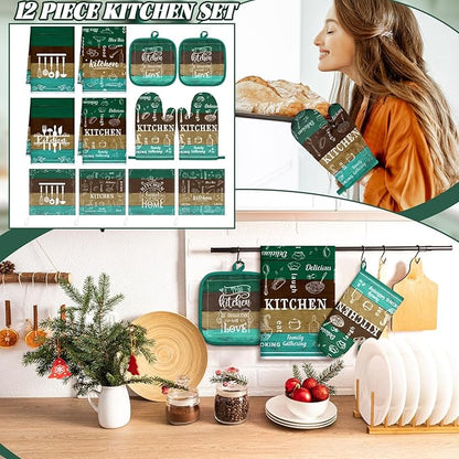 12 Pcs Farmhouse Kitchen Decor Sets 4 Teal Green Kitchen Towels 4 Teal Absorbent Dishcloths 2 Rustic Pot Holders 2 Oven Mitts Gloves for Home Decorations Mom Gifts