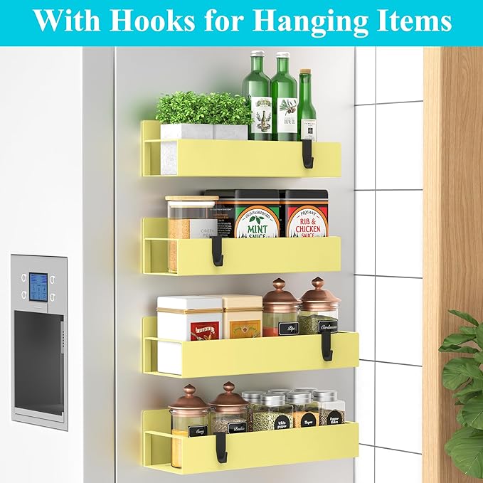 HuggieGems 4 Pack Magnetic Spice Storage Rack Organizer for Refrigerator and Oven, Yellow Fridge Organizers and Storage - Image 2