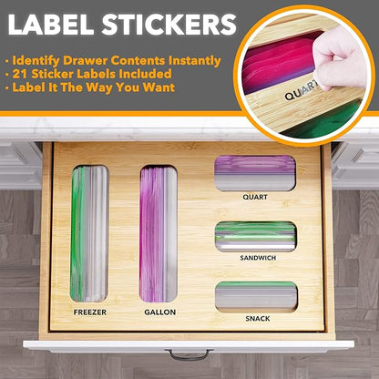 SpaceAid Bag Storage Organizer for Kitchen Drawer, Bamboo Organizer, Compatible with Gallon, Quart, Sandwich and Snack Variety Size Bag (1 Box 5 Slots) - Image 4