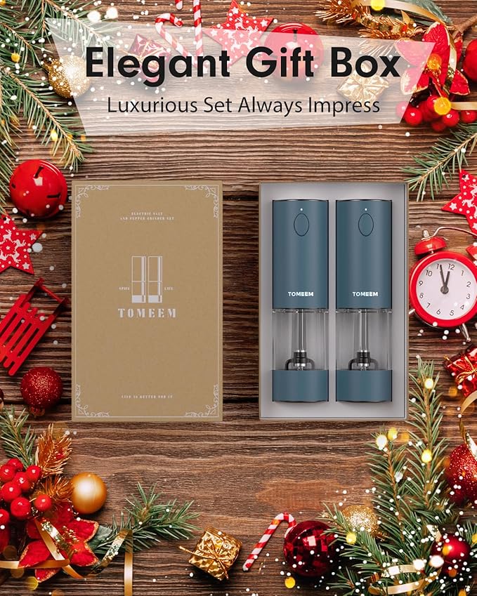 TOMEEM Upgraded Larger Capacity Electric Salt and Pepper Grinder Set Rechargeable with LED lights, Stainless Steel Automatic Pepper and Salt Grinder Refillable with 5 Adjustable Coarseness Blue - Image 9