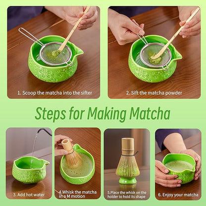 TEANAGOO 7-PCS Green Matcha Whisk Set, Complete Ceremony Start Kit, Ceramic Chawan Bowl with Spout, Whisk & Accessories, Traditional Matcha Tea Set for Lattes& Gift Giving