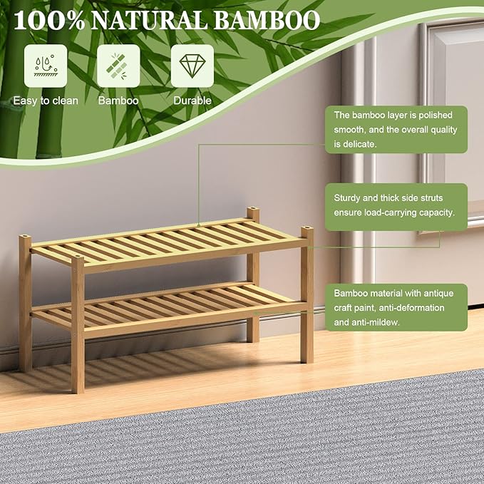 ROMGUAR CRAFT (Thick Bamboo Shoe Rack for Entryway, 2-Tier Free Standing Shoe Racks Stackable Shoe Rack Organizer for Hallway Closet Living Room 27 x12 x14 Inches - Image 6