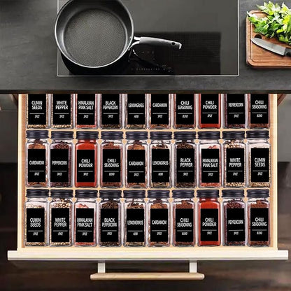Churboro 36 Spice Jars with 547 Labels- Glass Spice Jars with Black Metal Caps, 4oz Empty Spice Containers with Shaker Lids, Funnel, Chalk Pen, Square Seasoning Bottles for Spice Rack, Drawer, Cabinet - Image 6