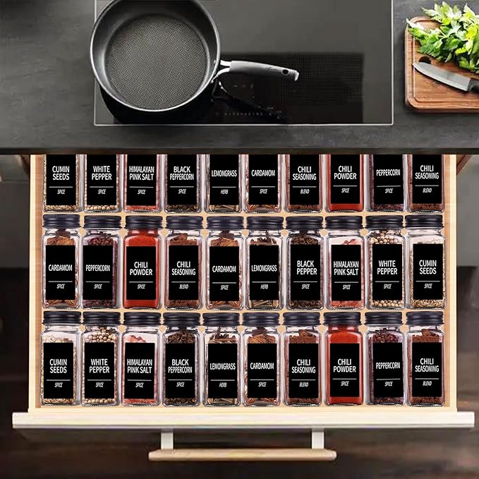 Churboro 25 Spice Jars with 547 Labels- Glass Spice Jars with Black Metal Caps, 4oz Empty Spice Containers with Shaker Lids, Funnel, Chalk Pen, Square Seasoning Bottles for Spice Rack, Drawer, Cabinet - Image 6