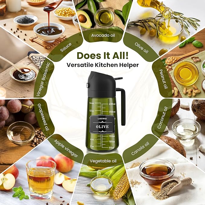 LAKUMIQI 2 in 1 Oil Sprayer for Cooking, 16oz Olive Oil Dispenser Bottle for Kitchen, Food Grade Light-Blocking Glass Spray Bottle for Salad, Air Fryer, BBQ - Image 6
