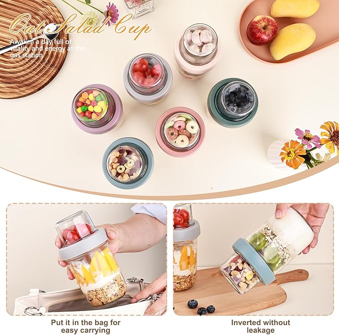 Wells 6 Pack Overnight Oats Containers with Lids, 16 OZ Dual Layer Yogurt Containers with Dry and Wet Separation, Airtight Leak Proof Oatmeal Jar for Chia Pudding, Breakfast, Cereal - Image 6