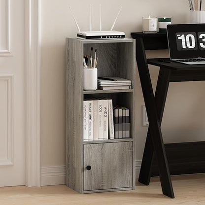 Furinno LUDER Book Shelf, 3-Tier Modern Bookshelf, Bookcase with 1 Door Storage Cabinet, 9.3 x 12 x 31.5, for Organization and Storage, for Living Room, Bedroom, Home Office, French Oak - Image 2