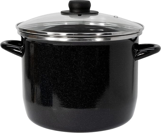 EKCO EOS 8-Quart Speckled Stockpot with Glass Lid (Black) Soup Pot for All Ranges, Dishwasher & Oven Safe up to 350°F - Non-Reactive Enameled Interior Pot for Gumbo, Stew, Boil, Pasta, Chili by Ekco