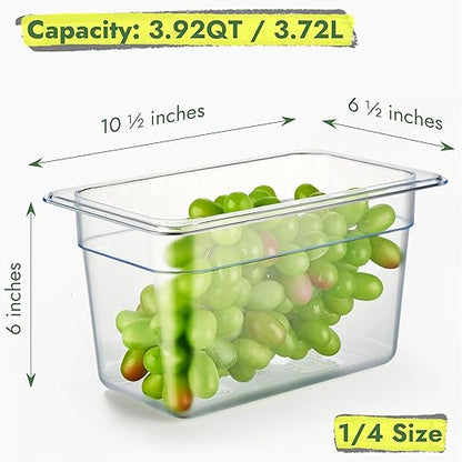 CURTA 6-Pack 1/4 Size 6" Deep NSF Polycarbonate Food Pans with Handled Lids & Drain Trays | Dishwasher & Freezer Safe Clear Container for Prep Tables, Buffet, Salad Bar, Commercial & Home Kitchen