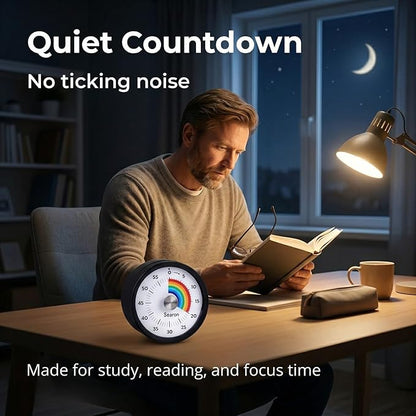 Searon Quiet Visual Timer with Magnet, Countdown Timer with Rainbow Disk and LED Alert, Easy Time Management for Home, Office, Kitchen & Study Desk (Black)