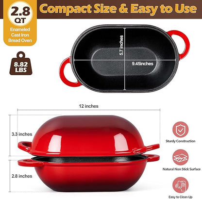 Homikit Enameled Cast Iron Dutch Oven for Bread Baking, 2.8 QT Oval Bread Oven Pot with Lid, 9.5 x 5.7 Inch Sourdough Loaf Baking Pan for Homemade Bread, Heavy Duty & Oven Safe, Red