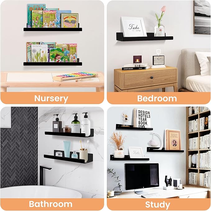 upsimples Acrylic Shelves for Wall Decor, 15" Display Shelf Perfume Organizer for Bathroom, Bedroom, Living Room, Floating Bookshelves for Kids, Black, 4 Pack - Image 7