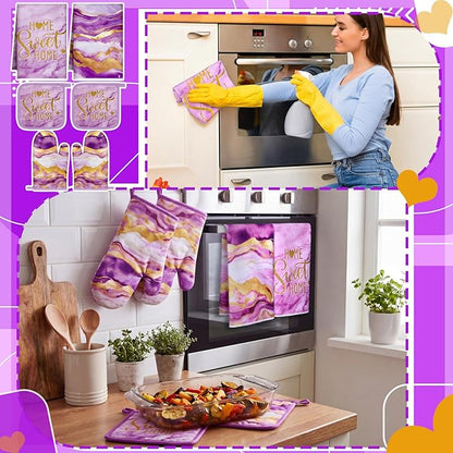 Bencailor Purple 6 Pcs Marble Kitchen Decor Gold Pot Holders Oven Mitts 2 Dish Towels 2 Farmhouse Cooking Mittens Oven Glove and Potholder for Baking Cooking Grilling Supply Accessories