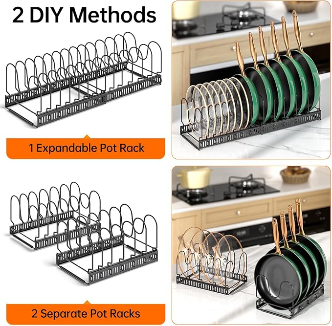 MUDEELA Pots and Pans Organizer Rack for under Cabinet, Expandable Pot Lid Kitchen Cabinet Organizer Holder with 14 Adjustable Compartment Cutting Board Organizer for Pan Lid, Bakeware - Image 5