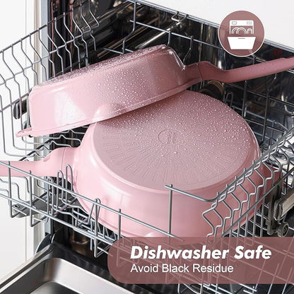 SENSARTE Nonstick Skillet with Lid 12-inch, 5QT Ceramic Deep Frying Pan, Non Toxic Saute Pan with Lid, Healthy Dishwasher Safe Cooking Pot, Induction Pan with Stay-cool Handle, Pink - Image 5