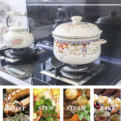 Retro Flower Enamel Stockpot with Lid,Stockpots for Cooking (5L-Mysterious Flower)