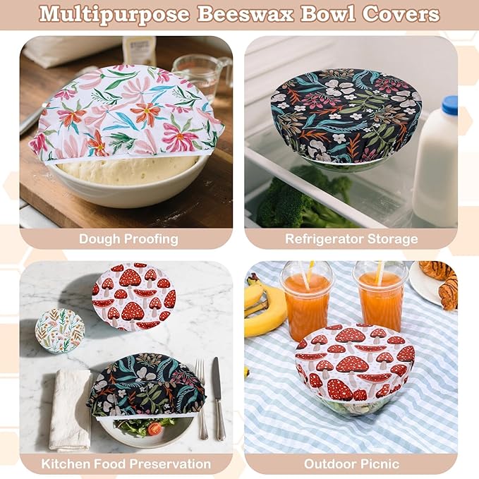 5-Size Reusable Beeswax Bowl Covers for Bread Proofing, Cotton Cloth Flexible Beeswax Wraps for Food Storage(Mushroom) - Image 5