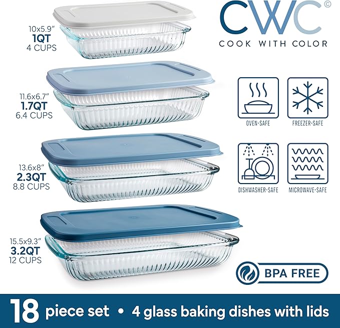 COOK WITH COLOR 8-Piece Deep Glass Baking Dish Set with Plastic Lids – Casserole and Food Storage Containers for Lasagna, Leftovers – Freezer-to-Oven, Microwave & Dishwasher Safe, Fluted Blue - Image 2