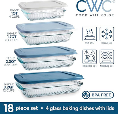 COOK WITH COLOR 8-Piece Deep Glass Baking Dish Set with Plastic Lids – Casserole and Food Storage Containers for Lasagna, Leftovers – Freezer-to-Oven, Microwave & Dishwasher Safe, Fluted Blue - Image 2