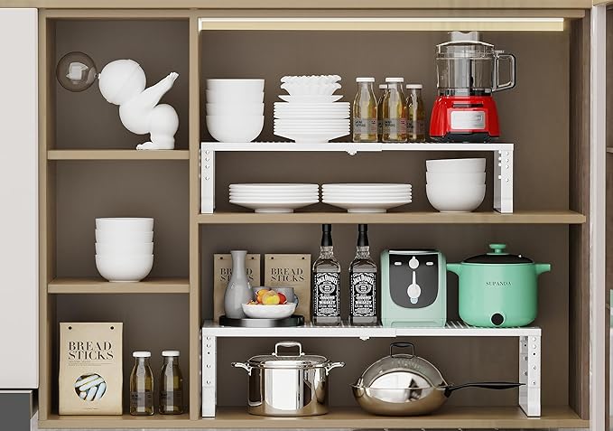 Jojocross Expandable Adjustable Stackable Kitchen Organizer, Spice Rack,Metal Pantry Storage Shelves Racks,Counter Shelf for Cabinets, Countertop, Cupboard(1 Pack/Medium/White)