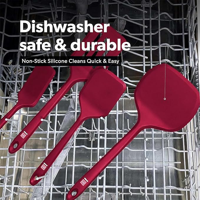 New DI ORO Seamless Series Moda 4-Piece Silicone Turner Spatula Set - 600°F Heat-Resistant Flexible Kitchen Spatulas for Nonstick Cookware - Flippers for Eggs & Pancakes - Utensils for Cooking (Red) - Image 6