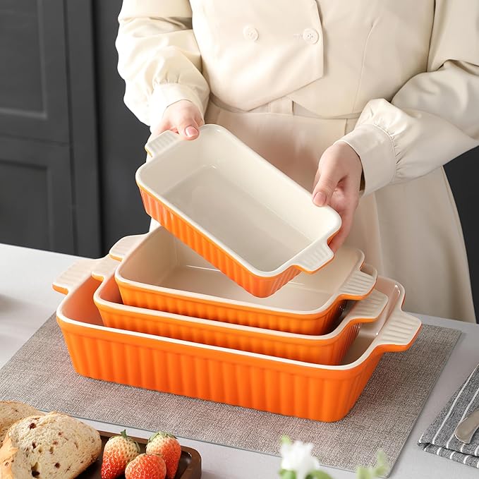 MALACASA Bakeware Set of 4, Porcelain Baking Pans Set for Oven, Casserole Dish, Ceramic Rectangular Baking Dish Lasagna Pans for Cooking Cake Kitchen, Orange(9.4"/11.1"/12.2"/14.7"), Series BAKE.BAKE - Image 6