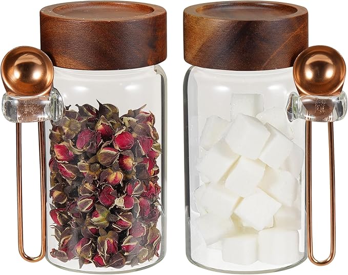 8 oz Small Glass Mason Jars with Scoop Wooden Screw Lid Spice Herb Storage Container Clear Round Glass Food Canister for Seasoning Sugar Tea Coffee Bean Spice Salts Pantry (2×250ml(8.4oz)with scoop) - Image 4