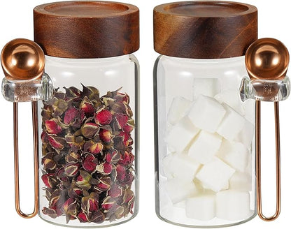 8 oz Small Glass Mason Jars with Scoop Wooden Screw Lid Spice Herb Storage Container Clear Round Glass Food Canister for Seasoning Sugar Tea Coffee Bean Spice Salts Pantry (2×250ml(8.4oz)with scoop) - Image 4