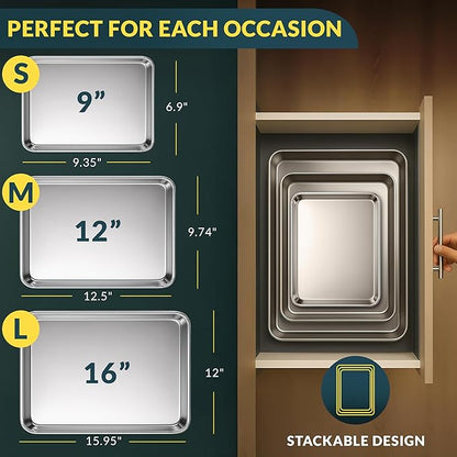 Baker’s Signature Stainless Steel Cookie Sheet Pan, Stainless Steel Baking Sheet Set of 3, Mirror Finish, Non-Stick, Rust Resistant, BPA Free, Dishwasher Safe, 9/12/16 Inch - Image 2