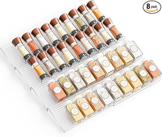 Yieach 8 Pack Adjustable Narrow In Drawer Spice Organizer - Expandable From 9'' to 17.7'' - Acrylic Drawer Seasoning Organizer,Clear Spice Drawer Insert Tray for Drawers Condiment,Jar Organization