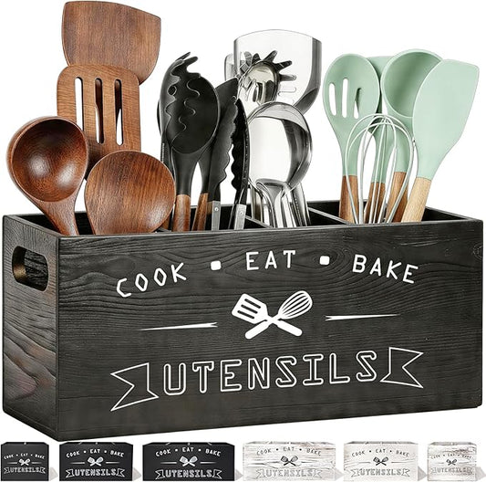 Large Black Utensil Organizer with Removable Dividers - Ideal Wooden Kitchen Countertop Organizer （black 4 Compartment）