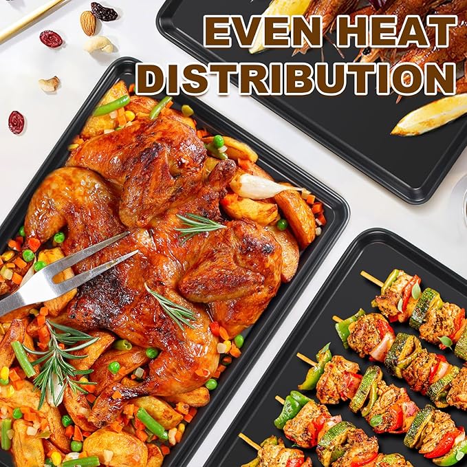 Baking Sheet Pan Set of 3, Commercial Cookie Sheets for Baking, Nonstick Half/Quarter/Jelly Roll Pans Replacement Toaster Oven Tray, Heavy Duty & Easy Clean, Dark Black - Image 5