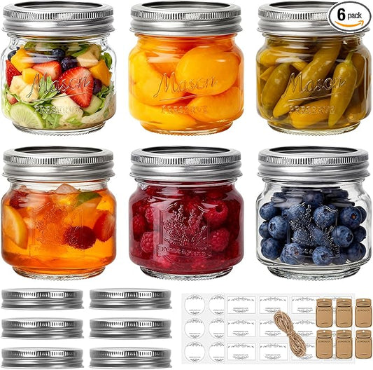 Eathtek 8 oz Glass Mason Jars with Regular Lids, 6 Pack 240 ml Canning Jars With Labels, Tags & Twine for Jam Jelly Spice Honey Herbs, Shower Favors Food Storage Wedding & Party Decor