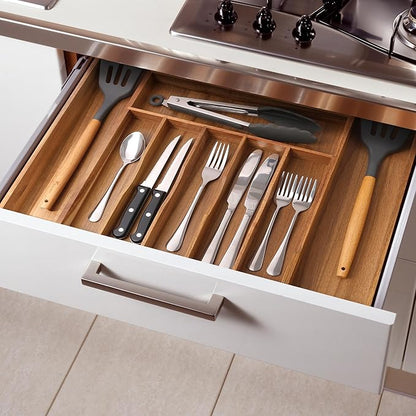 Large Premium Acacia Silverware Organizer - Expandable Drawer Organizer & Utensil Organizer - 17"x19.7" Cutlery Tray with Dividers for Kitchen Utensils and Flatware (7-9 Slots) Acacia - Image 8