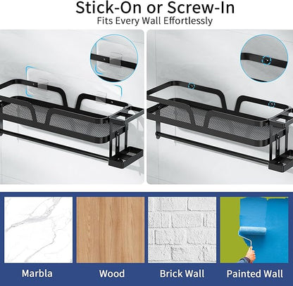 Taozun Paper Towel Holder with Shelf & Side Straw Basket, Black Kitchen Paper Holder Spice Rack Black Paper Towel Roll Holder RV Paper Towel Rack with 4 Hooks