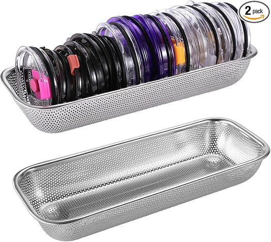 2Pack Stainless Steel Tumbler Cup Lid Organizer Inside Cabinet, Mason Jar Lid Holder, Rectangular Basket for Storage of Silverware, Chopsticks, straws and Utensils by YokuMade