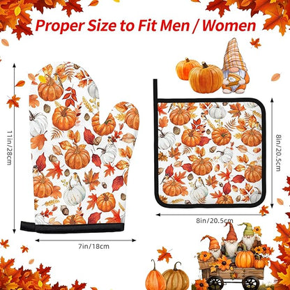 Thanksgiving Pumpkin Oven Mitts and Pot Holders, Fall Oven Mitts Sets of 3 for Cooking Lover Kitchen Decor, Pumpkins Heat Resistant Non-Slip Silicone Kitchen Glove Gifts for Mom Wife Sister BFF