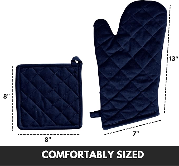 Oven Mitt (7"x13") & Pot Holder (8"x8") 100% Cotton Set of Heat Resistant Oven Gloves & Hot Pads for Gifts, BBQ, Cooking, Baking, Thanksgiving - Navy Blue
