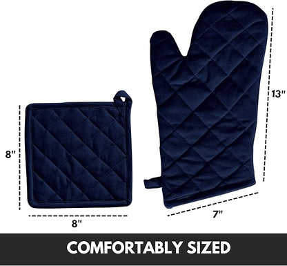 Oven Mitt (7"x13") & Pot Holder (8"x8") 100% Cotton Set of Heat Resistant Oven Gloves & Hot Pads for Gifts, BBQ, Cooking, Baking, Thanksgiving - Navy Blue