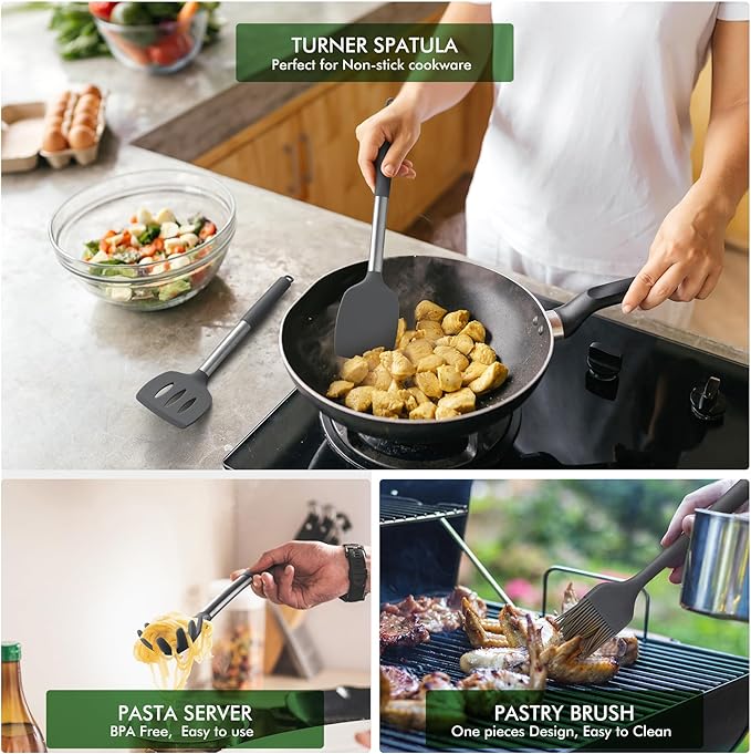 HOTEC 446°F Heat Resistant Silicone Kitchen Utensils, Cooking Utensil Set, Spatula Set, BPA Free, Kitchen Gadgets, with Stainless Steel Utensils Holder, Dishwasher Safe, 14pcs Grey - Image 4