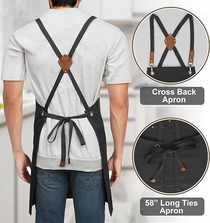 RUVANTI Work Aprons for Men, Oil & Water Repellent, PolyCotton Cross Back Aprons for Women with Pockets, Adjustable up to XXL, Chef Aprons for Cooking, Grilling, Welding, Woodworking - Black Aprons