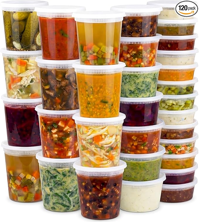JoyServe 120 Sets Deli Containers with Lids – 8oz, 16oz & 32oz – Leak Proof, Microwaveable, Dishwasher & Freezer Safe – Plastic Food Storage & Soup Containers by JoyServe