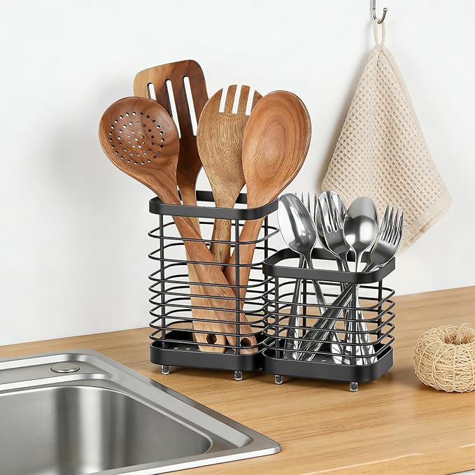 Utensil Holder, Stainless Steel Utensil Drying Rack for Kitchen Counter, Silverware Cutlery Flatware Holder Forks, Knives, Spoons, Chopsticks Organizer (Black) - Image 6