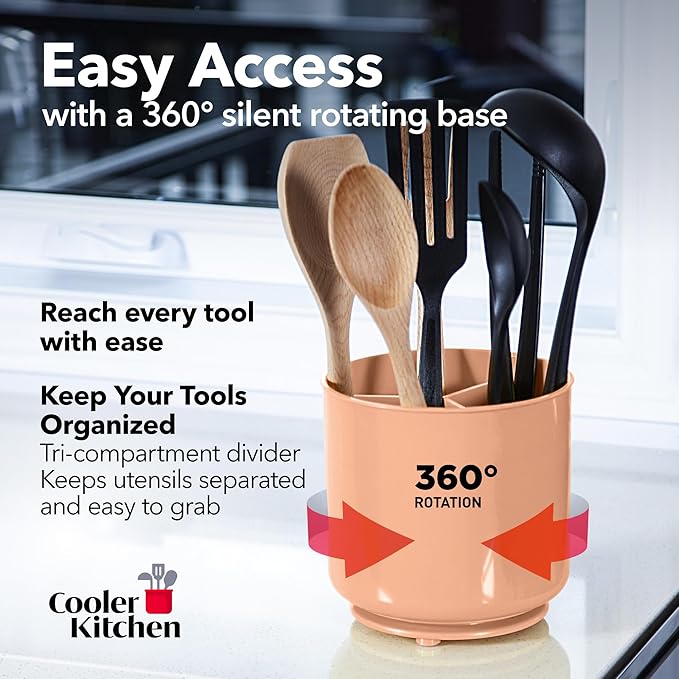Cooler Kitchen Jumbo Rotating XL Peach Plastic Utensil Holder Caddy with Sturdy No-Tip Weighted Base, Removable Divider, and Gripped Insert - Dishwasher Safe Kitchen Utensil Holder for Countertop - Image 2