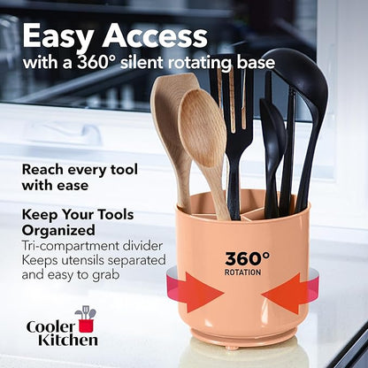 Cooler Kitchen Jumbo Rotating XL Peach Plastic Utensil Holder Caddy with Sturdy No-Tip Weighted Base, Removable Divider, and Gripped Insert - Dishwasher Safe Kitchen Utensil Holder for Countertop - Image 2
